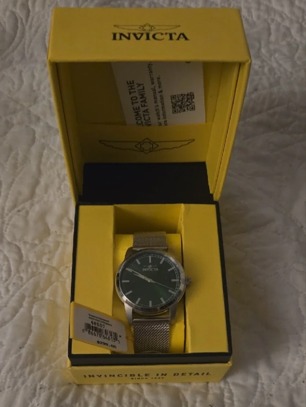 Invicta Silver Mesh Watch with Green Sunray Dial